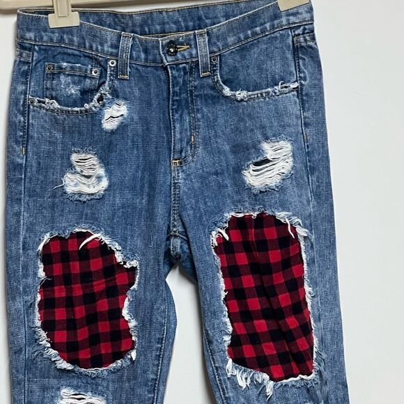 Car Mar Carmar Distressed Patchwork Buffalo Plaid Jeans Womens Sz 24 RARE - Picture 4 of 6